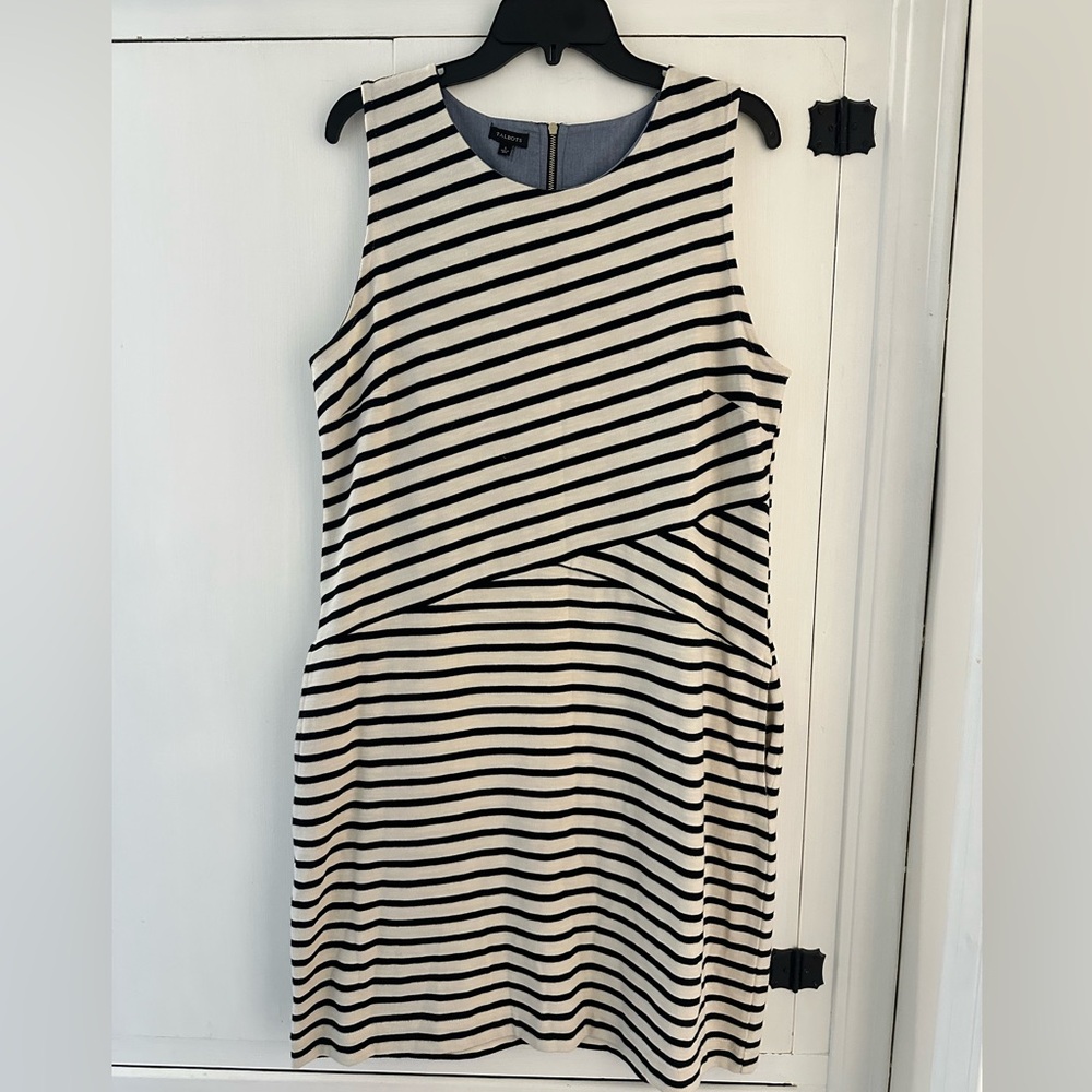 Talbots Asymmetrical Black and Cream Dress with pockets.
